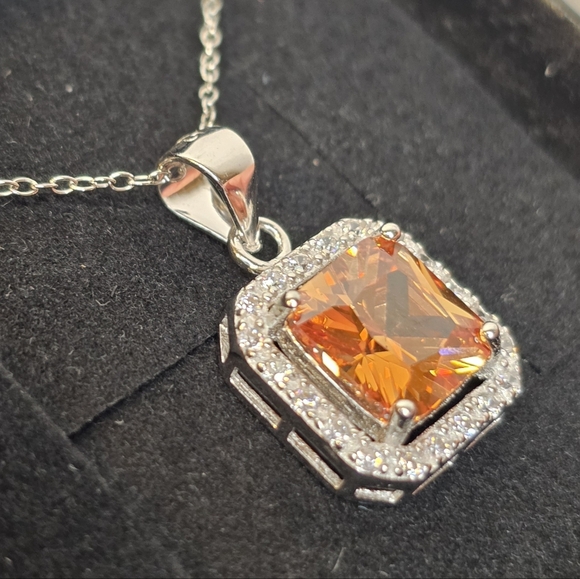 Necklace Large Champagne Moissanite Stone Rhodium & 925 Sterling Silver Chain - Picture 3 of 7